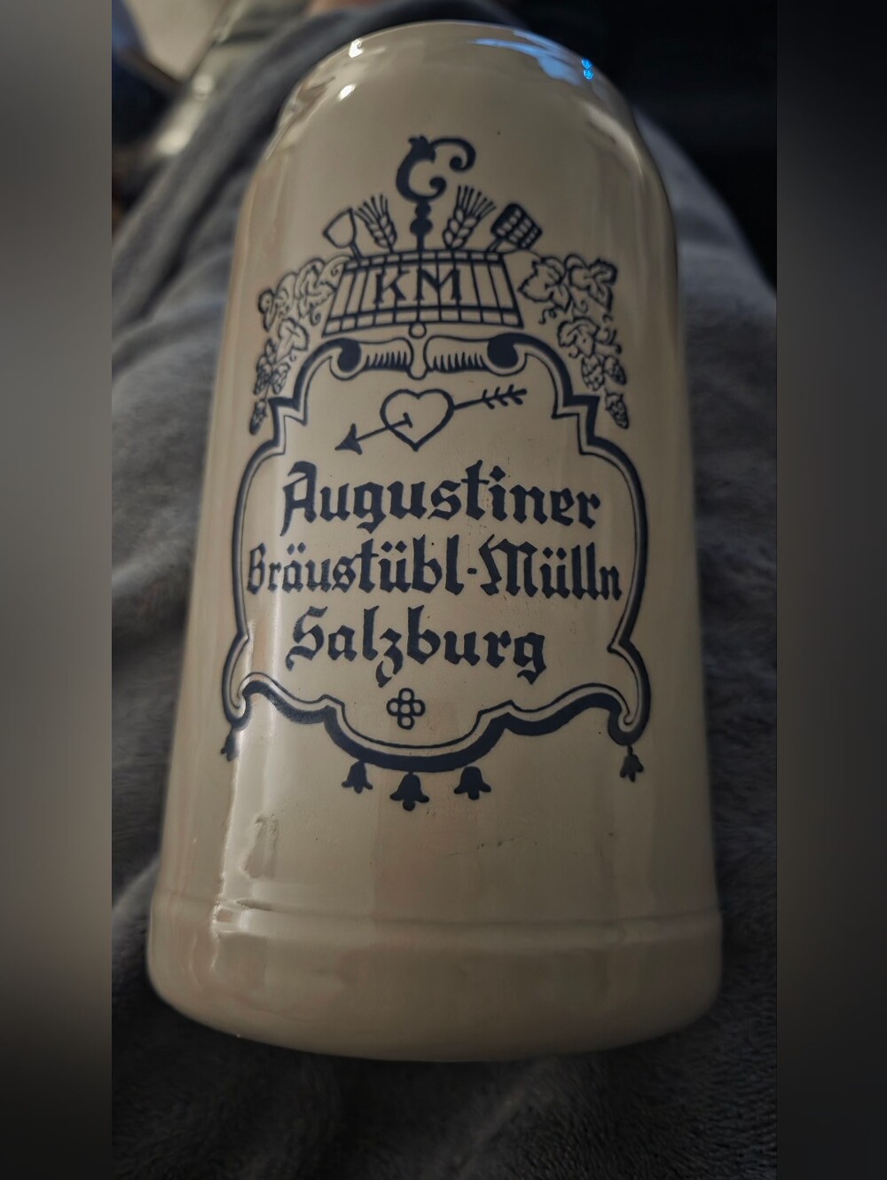 Vintage WWII Ceramic Beer Stein - Cream with Blue Logo